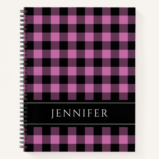 Naam Roze en zwarte cheques Geplakt Gingham Patter Notitieboek (Voorkant)