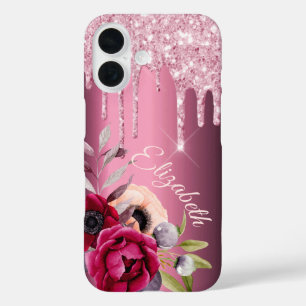 Naam roze glitter drip Bourgogale bloemen iPhone 16 Hoesje