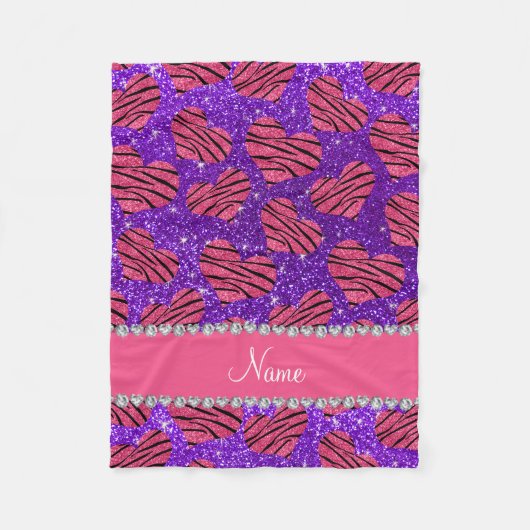 Naam roze harten indigo paarse glitter zebra fleece deken (Voorkant)