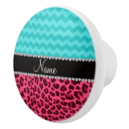 Naam roze leopard turquoise chevrons keramische knop (Rechts)