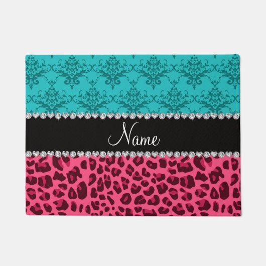 Naam roze leopard turquoise damask deurmat (Voorkant)