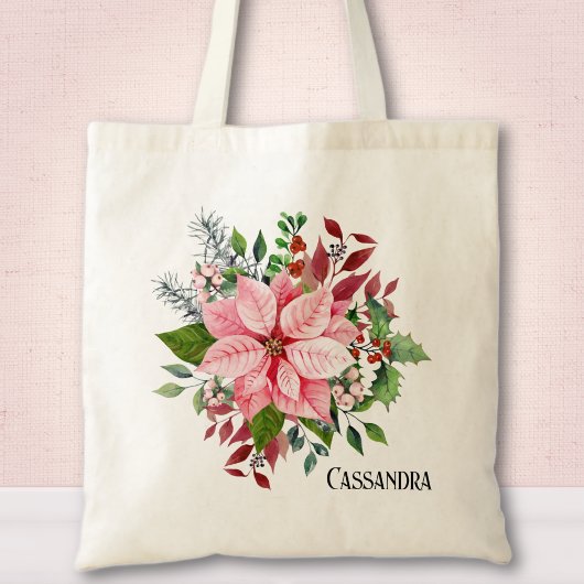 Naam, roze Poinsettia bessen & groen gebladerte Tote Bag