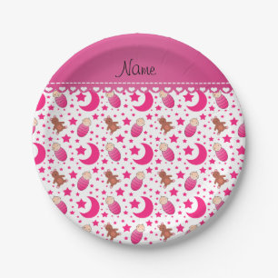 Naam roze witte baby tedy beer stars moons papieren bordje