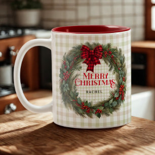 Naam Sage Green Gingham Boerderij Kerstkrans Tweekleurige Koffiemok
