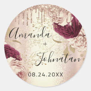 Naam Save The Date Druppels Rozen Bloemen Burgundy Ronde Sticker