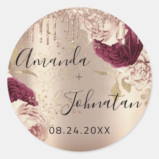 Naam Save The Date  Gouden druppels Rozen Bloemen Ronde Sticker (Voorkant)