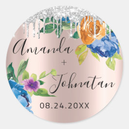 Naam Save The Date Roos Zilveren Druppels Navy Ronde Sticker