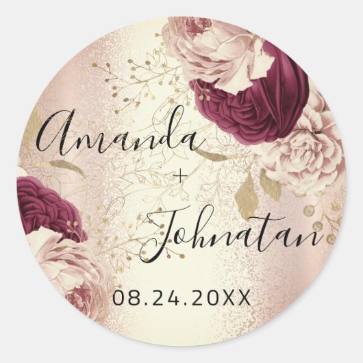 Naam Save The Date  Rose Goud  Bloemen Ronde Sticker (Voorkant)