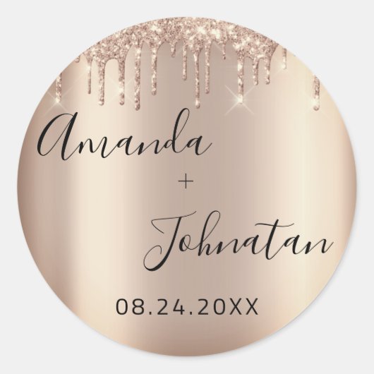 Naam Save The Date Rose Goud Drips Glitterend Ronde Sticker (Voorkant)