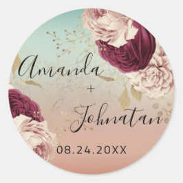 Naam Save The Date Roze Goud Bloemen Blauw Ronde Sticker