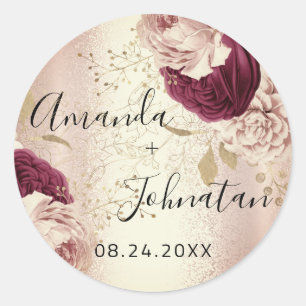 Naam Save The Date  Roze Goud  Bloemen Ronde Sticker