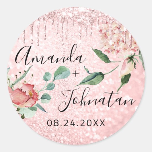 Naam Save The Date Roze Rozen Druppels Mint Glitte Ronde Sticker (Voorkant)