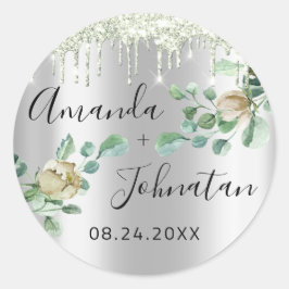 Naam Save The Date Zilveren Drips Mintgroen Ronde Sticker