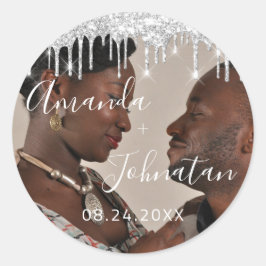 Naam Save The Date Zwart Zilver Druppels Foto Ronde Sticker