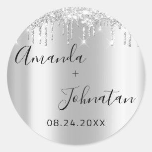 Naam Save The Date Zwart Zilver Druppels Ronde Sticker