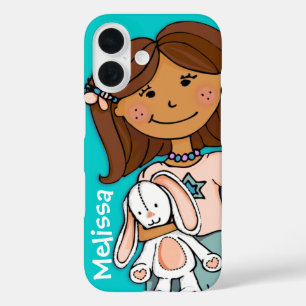 Naam schattig meisje aqua perzik donker haar speel iPhone 16 hoesje