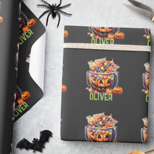 Naam Schattige Oranje Paarse Pompoen Halloween Sno Cadeaupapier