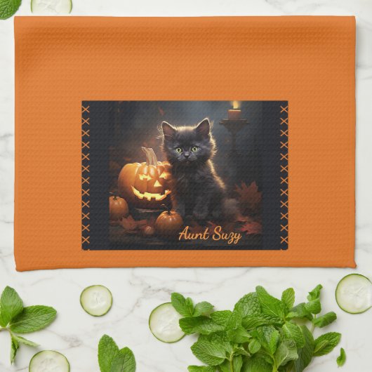 Naam, Schattigee Halloween Kitten, Jack o Lantern Theedoek (Gevouwen)