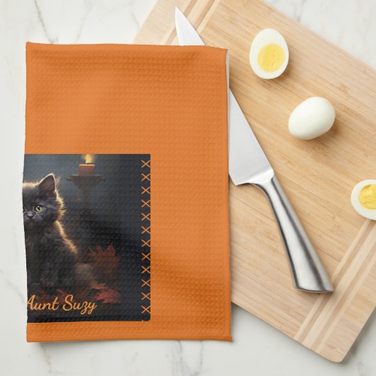 Naam, Schattigee Halloween Kitten, Jack o Lantern Theedoek (Quarter Fold)