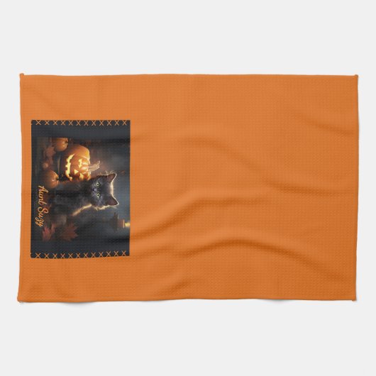 Naam, Schattigee Halloween Kitten, Jack o Lantern Theedoek (Horizontaal)