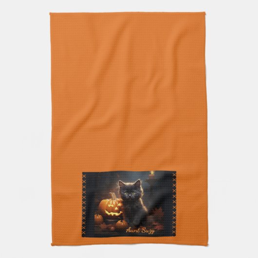 Naam, Schattigee Halloween Kitten, Jack o Lantern Theedoek (Verticaal)