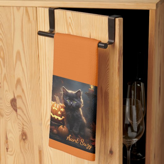 Naam, Schattigee Halloween Kitten, Jack o Lantern Theedoek (Derde Gevouwen)