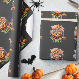 Naam Schattigee Oranje Paarse Pompoen Halloween Tr Cadeaupapier