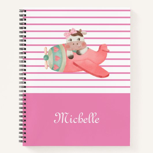 Naam & Schattigee Waterverf Koe in Vliegtuig, Whim Notitieboek (Voorkant)