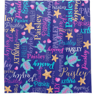 Naam schildpad seastar patroon roze blauw aqua kor douchegordijn