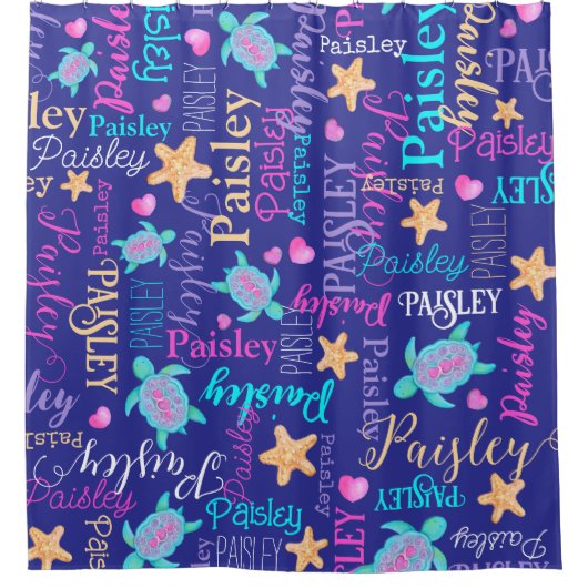 Naam schildpad seastar patroon roze blauw aqua kor douchegordijn (Voorkant)