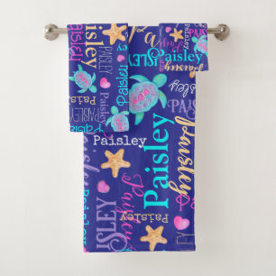 Naam schildpad zeester patroon roze blauw aqua kor bad handdoek