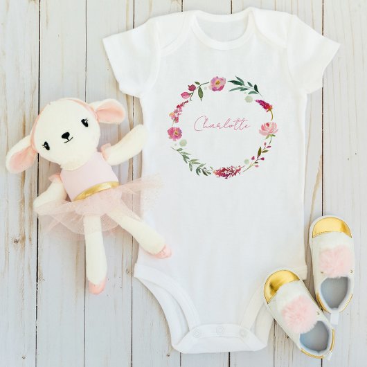 Naam Script Baby Meisje Aquarel Bloem Roze Romper