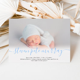 Naam script: foto blauwe jongen baby geboorte aankondiging