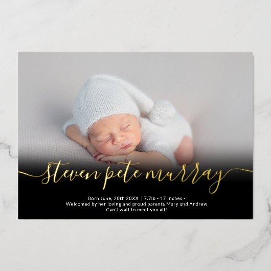 Naam script goudfoto baby geboorteaankondiging folie uitnodiging (Voorkant)