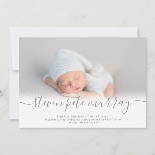 Naam script hartfoto groene jongen baby geboorte aankondiging (Voorkant)