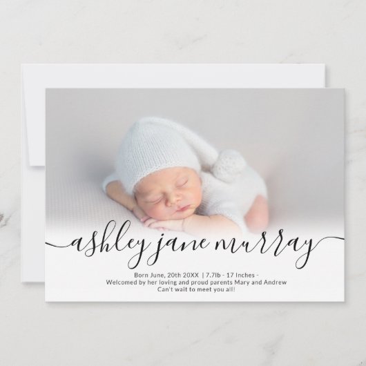 Naam script hartfoto zwarte neutrale baby geboorte aankondiging (Voorkant)