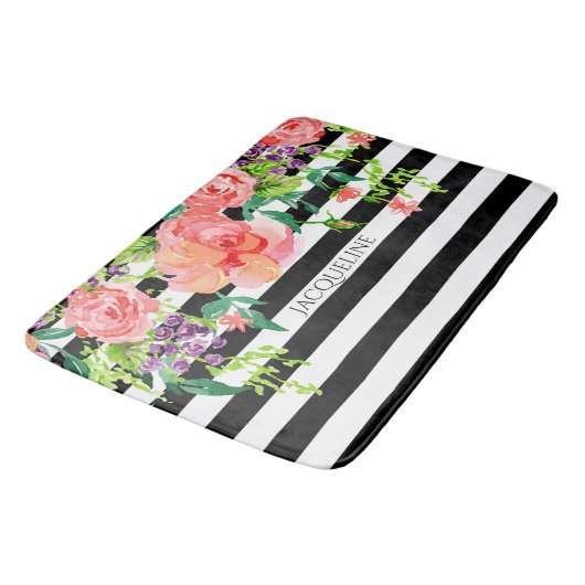 Naam Sjabloon Bathroom Modern Floral Stripe Black Badmat (Gekanteld)