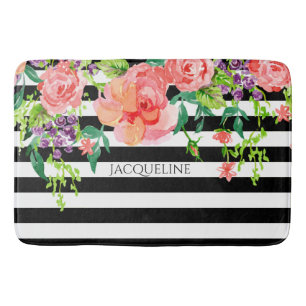 Naam Sjabloon Bathroom Modern Floral Stripe Black Badmat