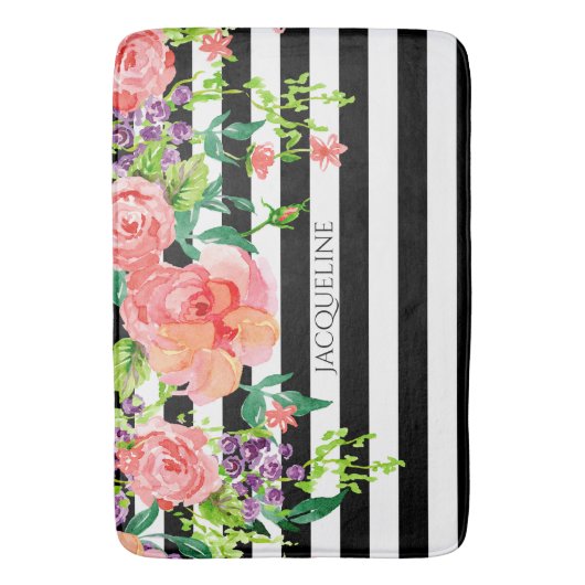 Naam Sjabloon Bathroom Modern Floral Stripe Black Badmat (Voorkant Verticaal)