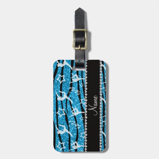 Naam sky blue gymnastics glitter zebra stripes bagagelabel (Voorkant verticaal)