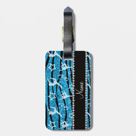 Naam sky blue gymnastics glitter zebra stripes bagagelabel (Achterkant verticaal)