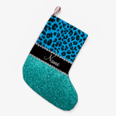 Naam sky blue leopard turquoise glitter kleine kerstsok (Voorkant (Hangend))