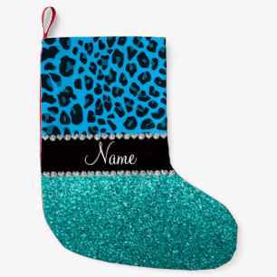 Naam sky blue leopard turquoise glitter kleine kerstsok