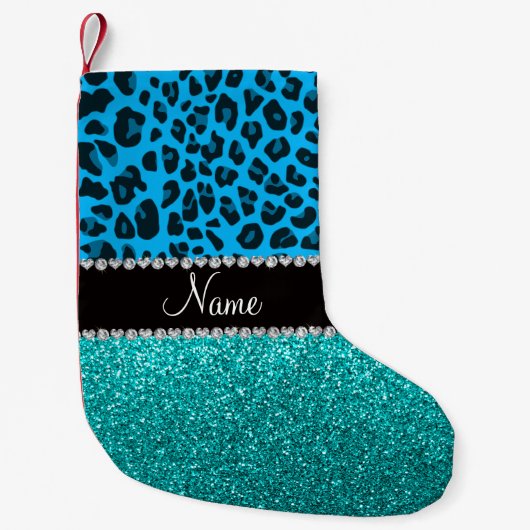 Naam sky blue leopard turquoise glitter kleine kerstsok (Voorkant)
