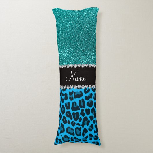 Naam sky blue leopard turquoise glitter lichaamskussen (Voorkant Verticaal)