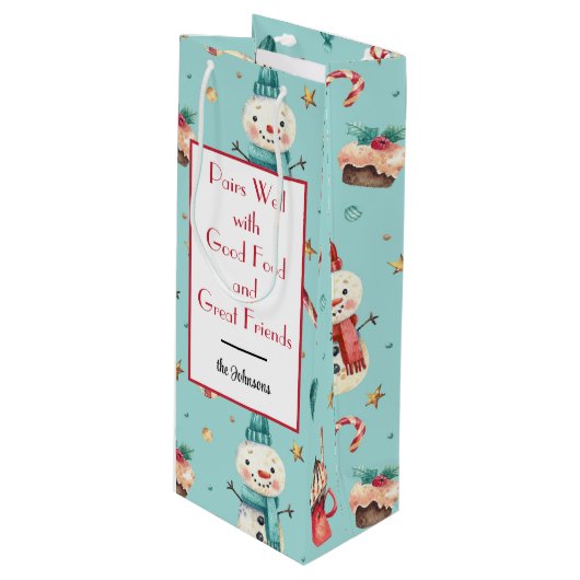 Naam, Snowman & Sweets Holiday Wine Gift Bag Wijn Cadeautas (Voorkant Gekanteld)