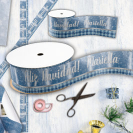 Naam Spaans Prettig Kerstfeest Elegant Blauw Grosgrain Lint