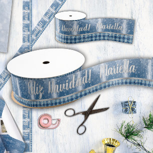 Naam Spaans Prettig Kerstfeest Elegant Blauw Grosgrain Lint