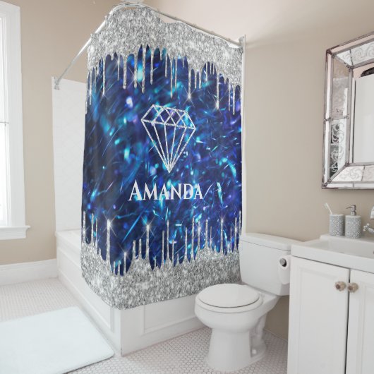 Naam Sparkly Glitter Drift Silver Navy Blue Bride Douchegordijn (In situ)