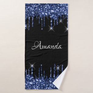 Naam Sparkly Glitter Drips Black Blue Navy Badhanddoek